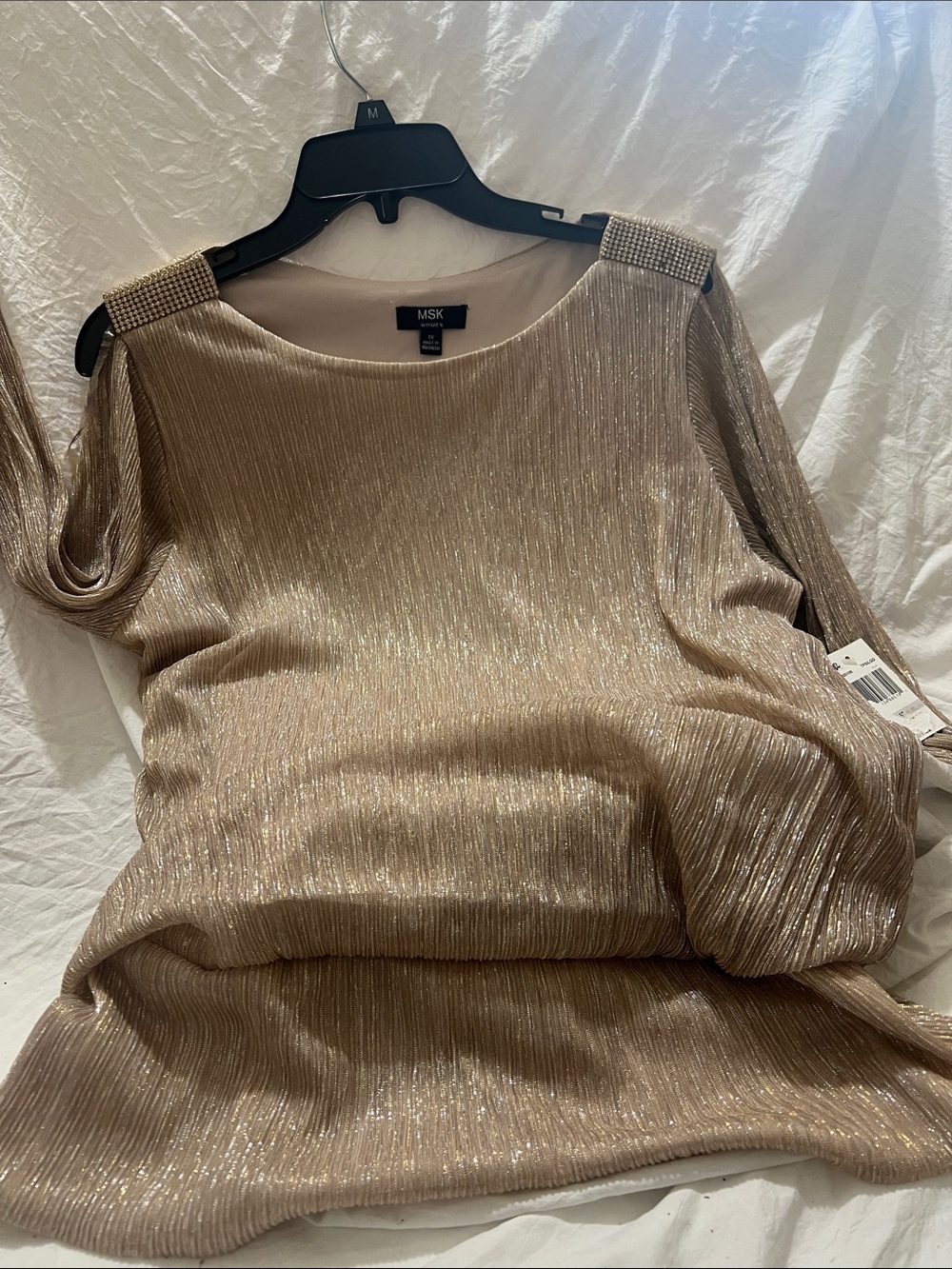 MSK Shimmery Gold Long Sleeve Pleated Evening blouse with Beaded open Shoulders